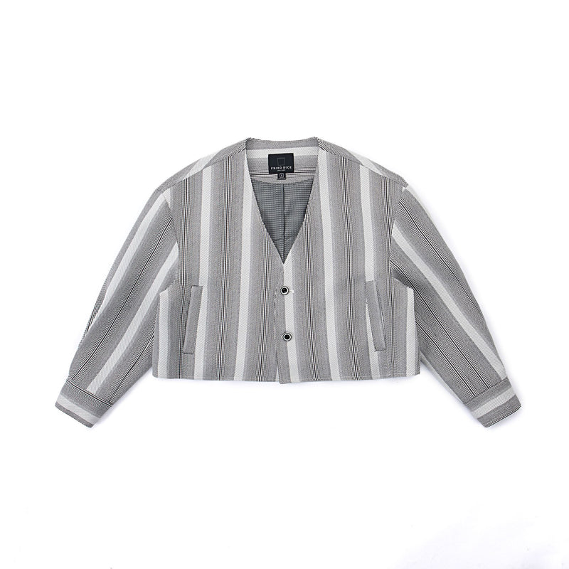 Cropped V-Neck Jacket – Striped Monochrome Twill