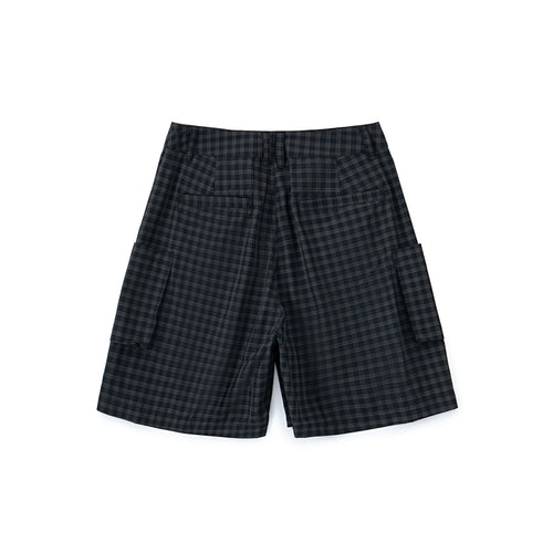 Check Pattern Cargo Shorts – Black Grid, Relaxed Fit, Pleated
