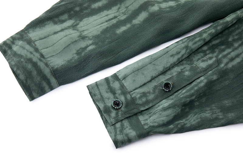 Super-Sheer High Collar Button Up – Forest Tie-Dye, Lightweight Drape