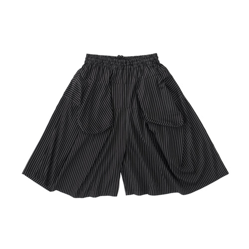 Pinstripe Wide Shorts – Pleated Angular Drape, Black & White