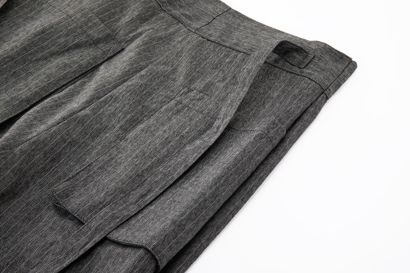Noa Wrap-Front Pleated Pants – Wrap Around Sash Belt, Grey Pinstripe