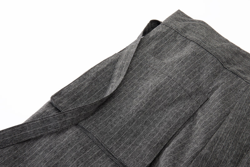 Noa Wrap-Front Pleated Pants – Wrap Around Sash Belt, Grey Pinstripe