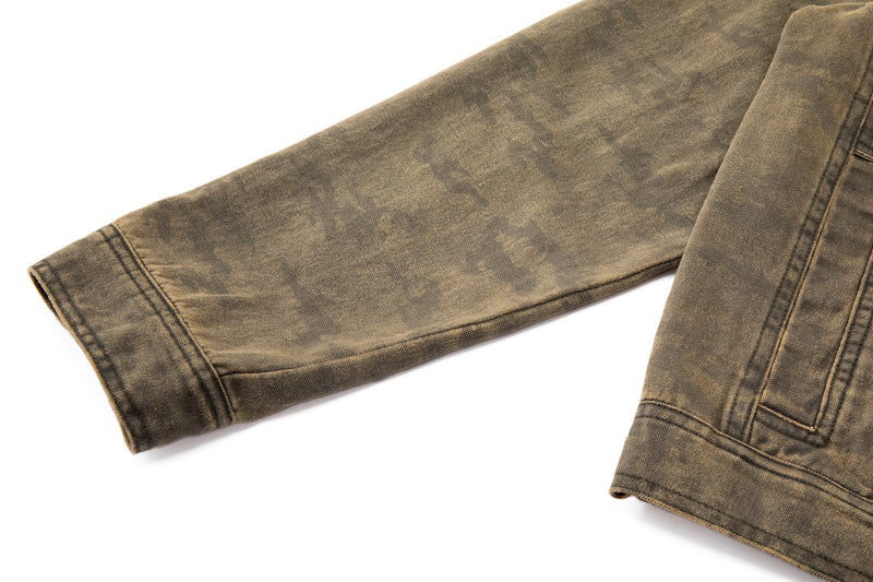 Suede brown wash with subtle camo-inspired texture sleeves