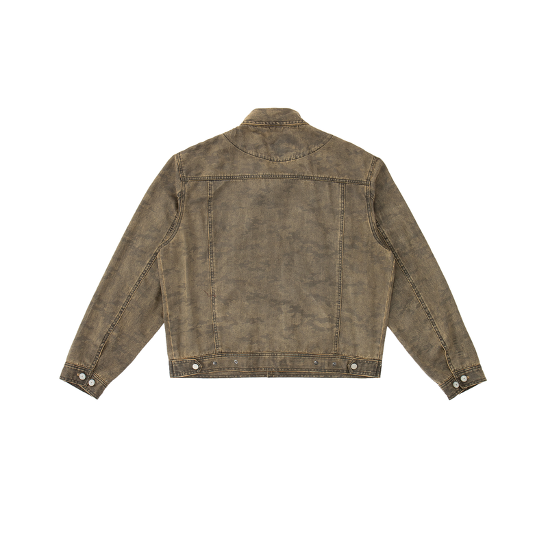 Unisex trucker-style jacket in suede brown with subtle camo, BACK VIEW