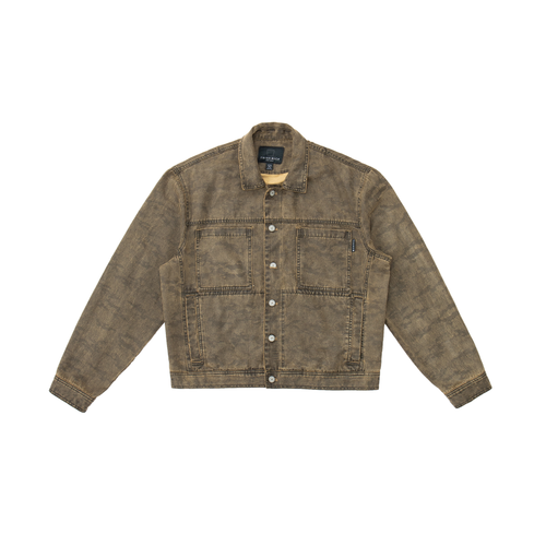 Unisex trucker-style jacket in suede brown with subtle camo texture