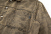 Close-up of a brown denim jacket with Dual chest patch pockets