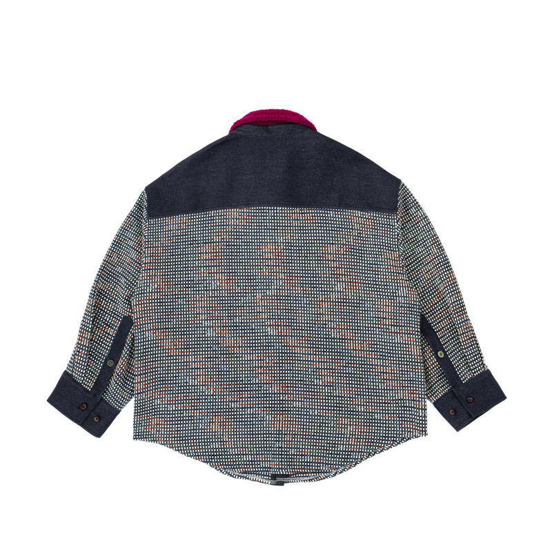Back Multi-color shirt with colorful patchwork design on a white background 