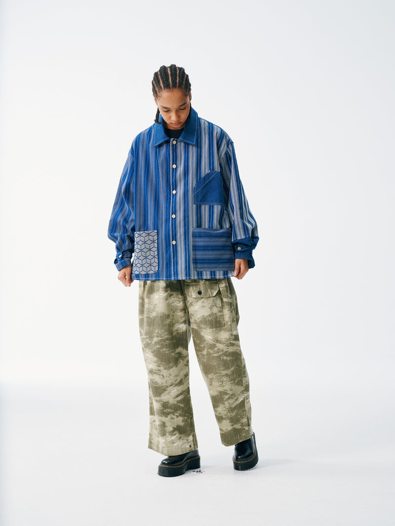 Striped Patch Workman Shirt – Indigo Contrasting Patterns