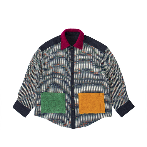 Multi-color shirt with colorful patchwork design on a white background
