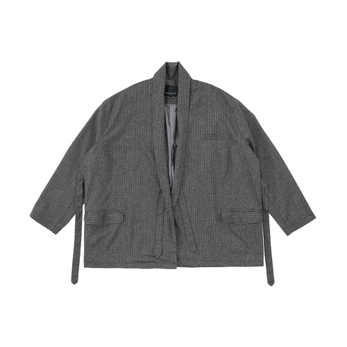 Oversized unisex wrap jacket in charcoal grey pinstripes