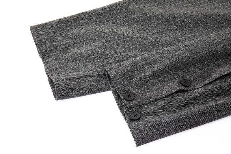 grey colorway with tonal vertical stripe pattern with button for adjustable styling