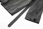 Gray wrap jacket with buttons and a tie