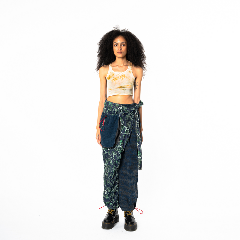 Wrap Pants - Floral Pattern x Fade-Washed Denim
