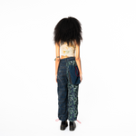 Wrap Pants - Floral Pattern x Fade-Washed Denim