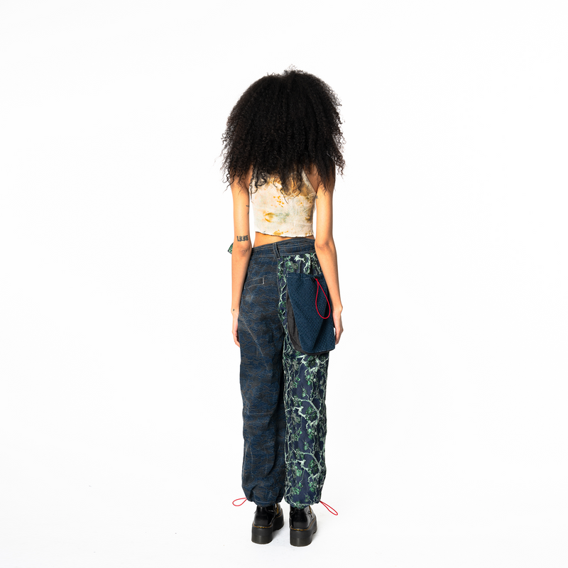 Wrap Pants - Floral Pattern x Fade-Washed Denim