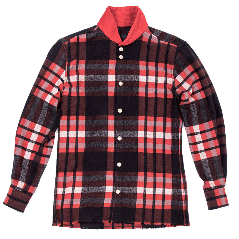 Shirt - Asymmetrical Plaid with Japanese Corduroy Collar - Red