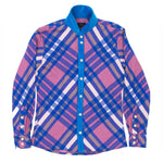 Shirt - Asymmetrical Plaid with Japanese Corduroy Collar - Blue & Pink
